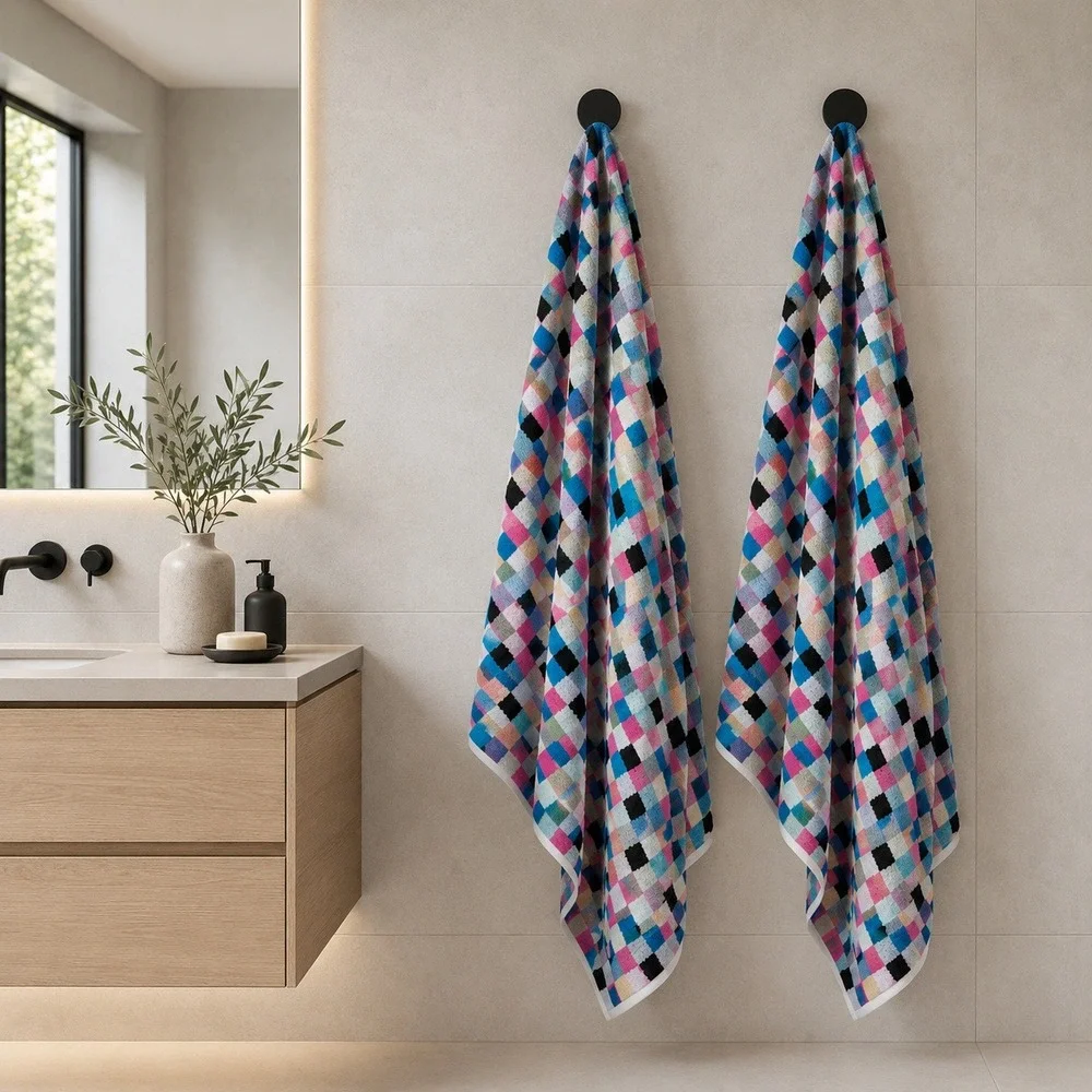Modern Classic 100% Cotton Bath Towel Set Multi Color Checkered 30x52 2pc